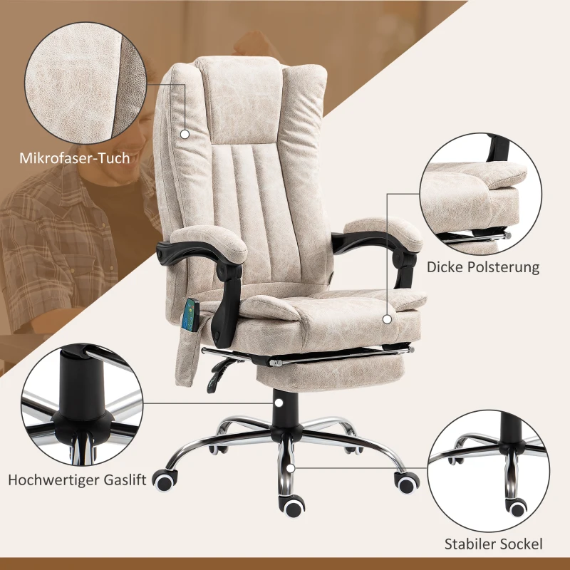 Vinsetto Bürostuhl mit Massagefunktion, Ergonomischer Schreibtischstuhl mit Liegefunktion, Heizfunktion, Seitentasche, Cremeweiß(m-7)
