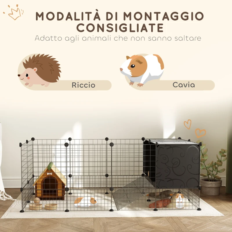PawHut Gabbia per Animali Piccoli Modulabile con Casette Rialzate per Porcellini d'India e Ricci, Nero