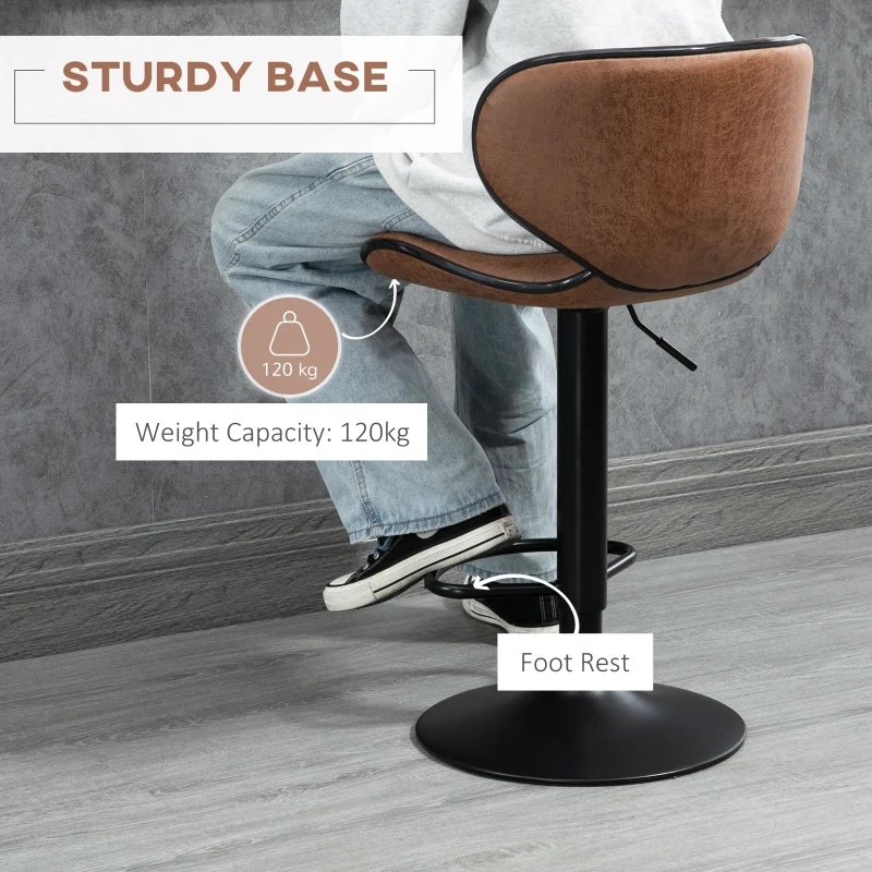 HOMCOM Adjustable Bar Stools Set of 2, Swivel Leathaire Upholstered Barstools with Large Seat, Breakfast Bar Chairs with Back, Footrest and Steel Base, Brown