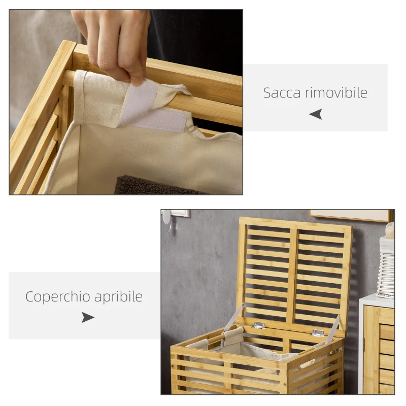 HOMCOM Cesto Portabiancheria in Bambù con Coperchio e Sacca in Poliestere Removibile e Lavabile, 44x37x62.5 cm, color Legno