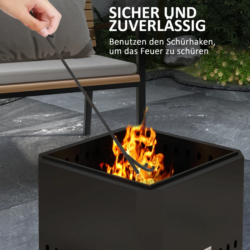 Outsunny Feuerschale Feuerstelle, inkl. Schürhaken, 48 x 48 x 41 cm, Schwarz(m-6)