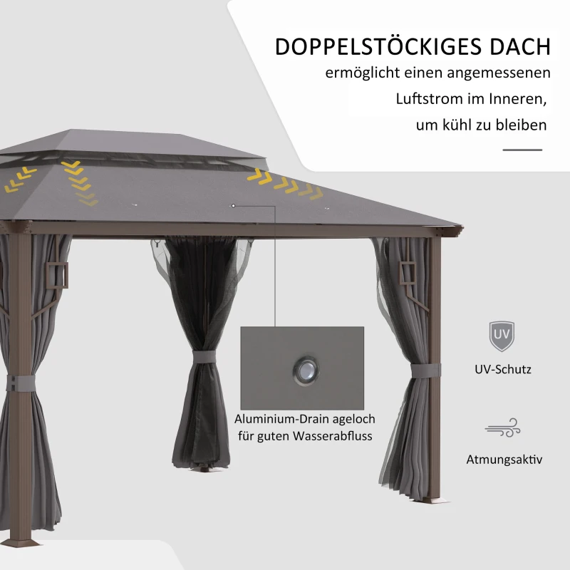 Outsunny Pavillon Gartenpavillon 4 x 3 m Gartenzelt Festzelt Partyzelt mit 4 x Seitenteile 4 x Moskitonetz atmungsaktivem Doppeldach Metall Polyester Braun+Dunkelgrau