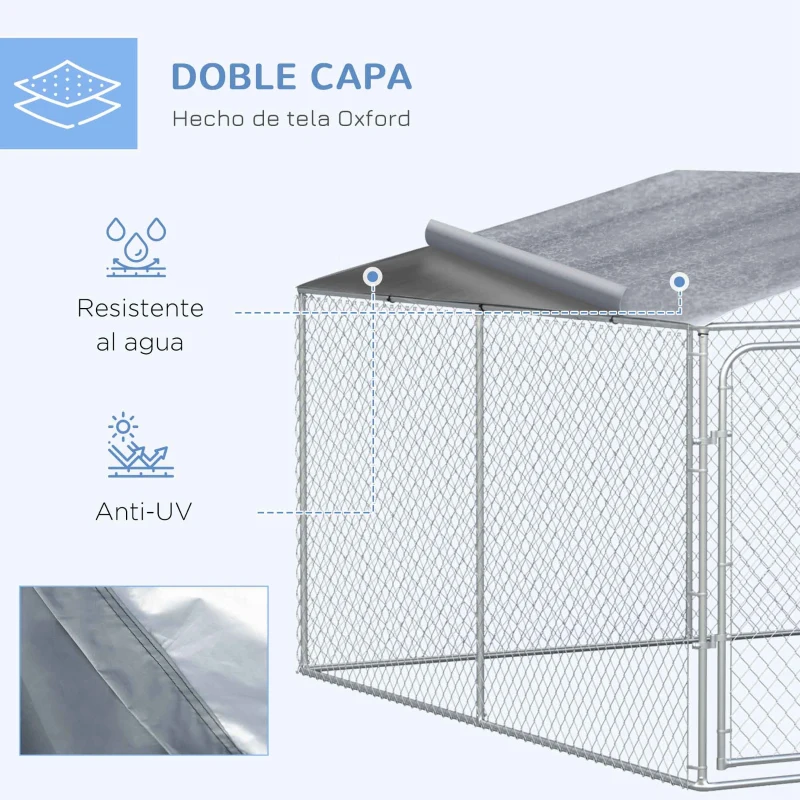 PawHut Perrera de Exterior con Toldo Anti-UV Impermeable Puerta con Pestillo y Marco de Metal Galvanizado 4x4x2,3 m Plata