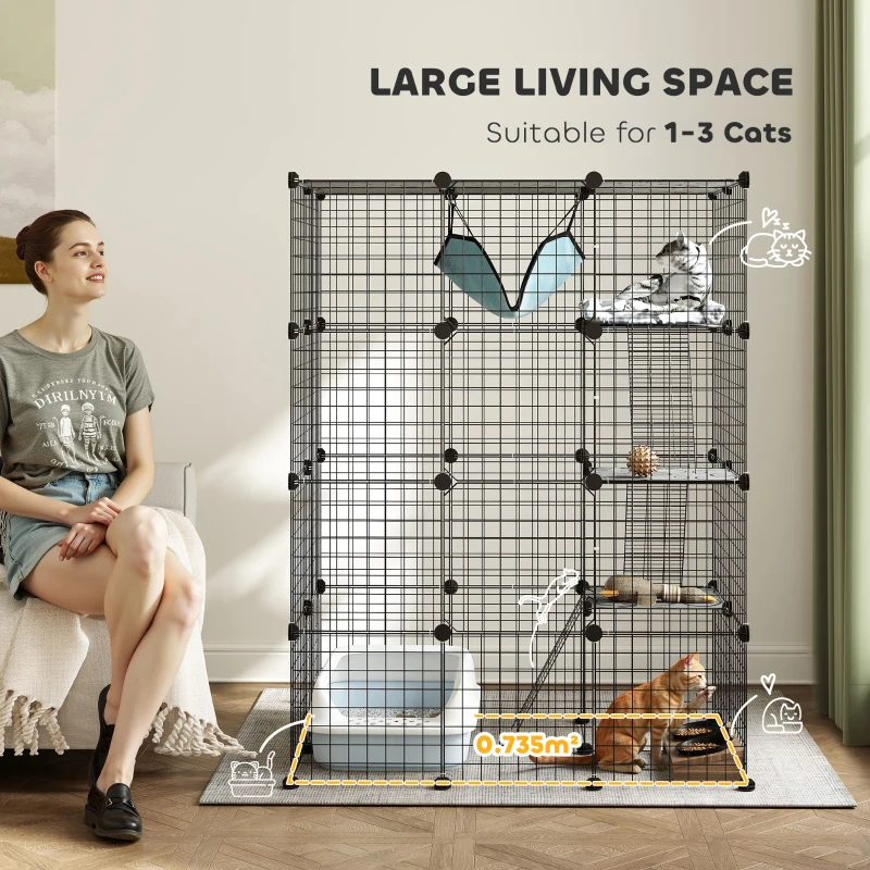 PawHut Four-Tier DIY Large Cat Cage with Hammock, Ramps, Five Doors, Indoor Use for 1-3 Cats, Black