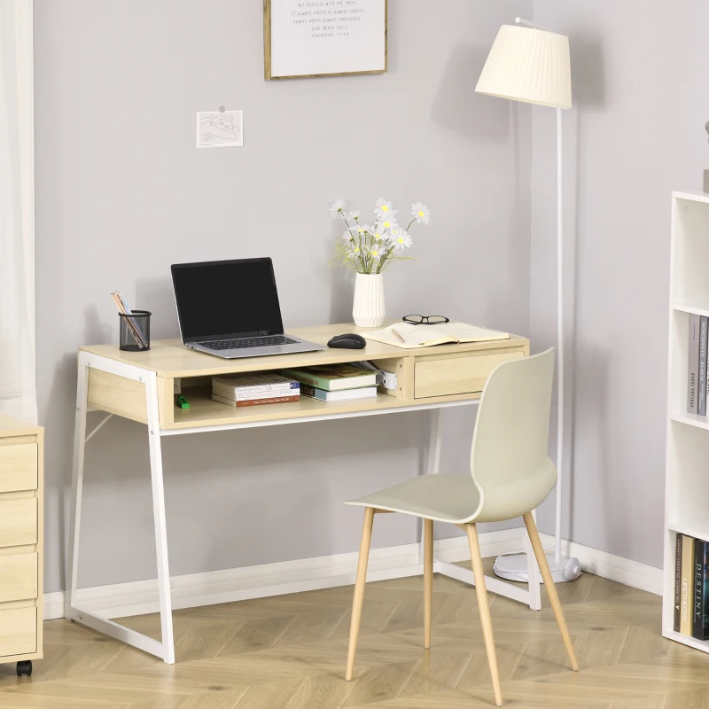 HOMCOM Height Adjustable Standing Desk Modern Home Office Computer Writing Desk with Drawer and Shelf, Natural