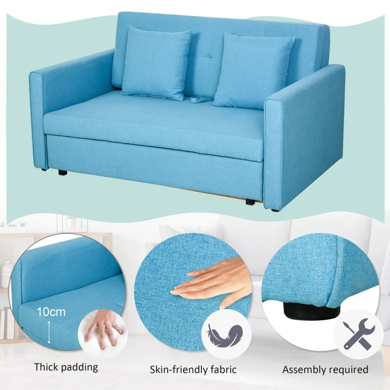HOMCOM 2 Seater Sofa Bed with Hidden Storage, Pull Out Convertible Bed Settee, Modern Linen Loveseat Sofa Sleeper with 2 Cushions for Living Room, Guest Room, Blue