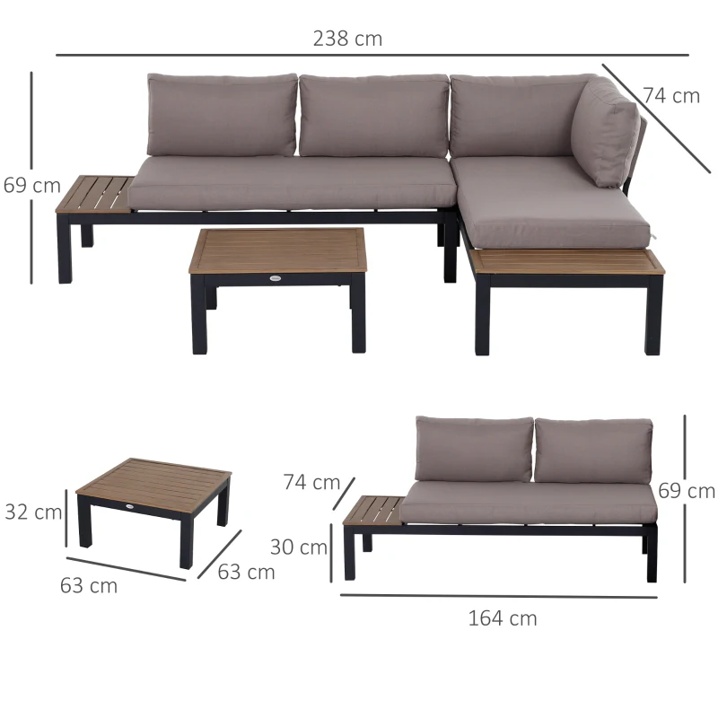 Outsunny Gartenmöbel-Set für 3 Personen mit Beistelltisch, Sofa mit Kissen, Outdoor, Aluminium, 164 x 74 x 69 cm