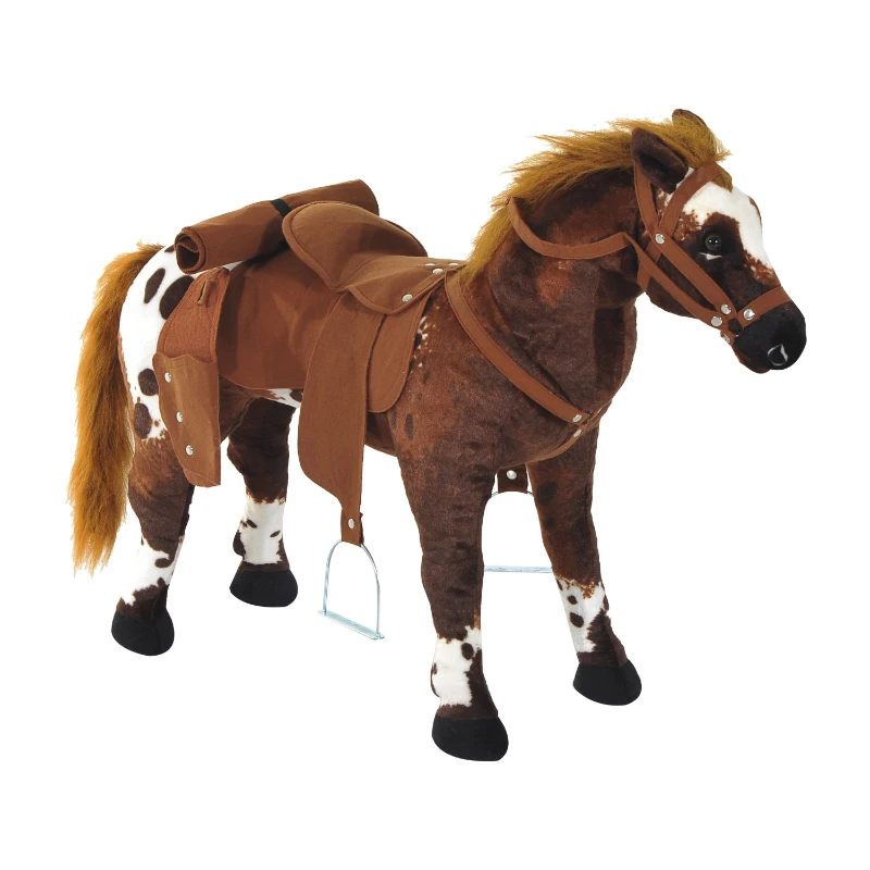 HOMCOM Cheval Debout en Peluche Effets sonores hennissement et Galop Selle étrier rênes 85L x 28l x 60H Marron Blanc(m-10)