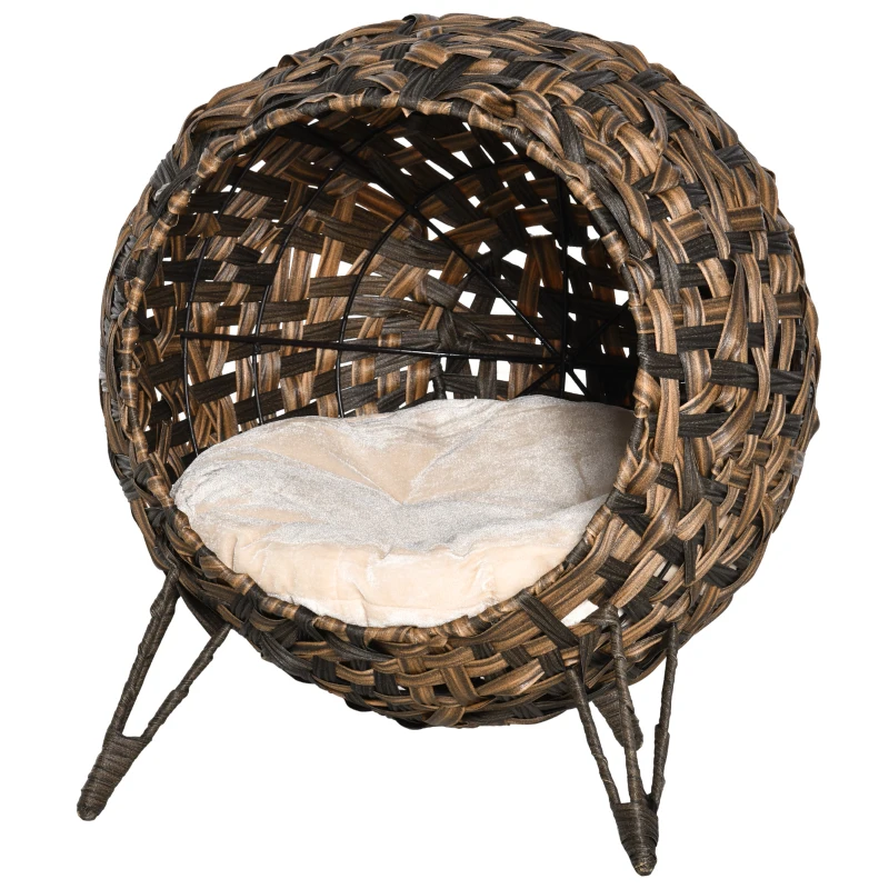 PawHut Panier chat lit surélevé chat cosy niche grotte grand confort dim. Ø 52 x 58H cm coussin moelleux beige inclus résine tressée imitation rotin marron