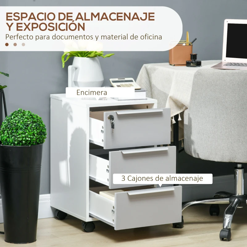 HOMCOM Mueble Archivador con Ruedas 3 Cajones Cerradura y 2 Llaves para Estudio Salón 40x40x63,5 cm Blanco y Gris