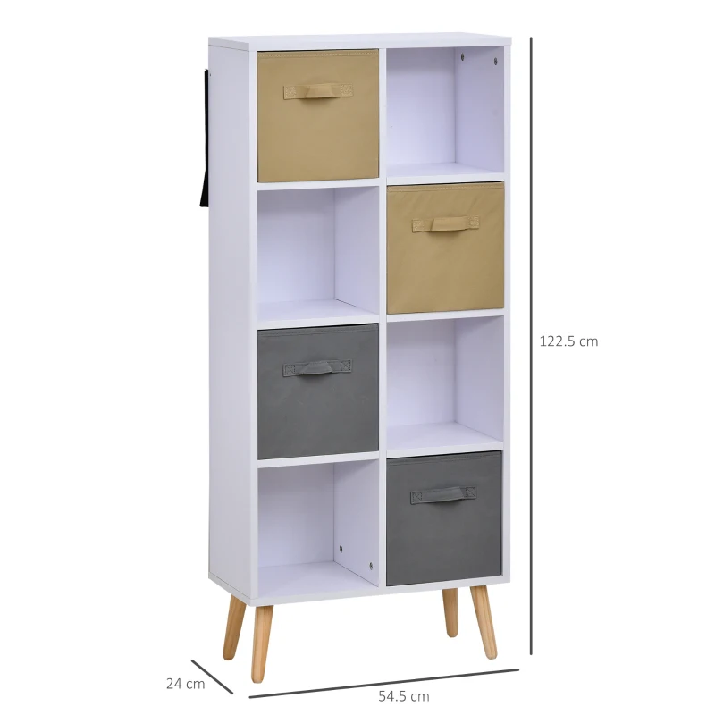 HOMCOM Armadietto Libreria in Legno Bianco 8 Ripiani e 4 Cassetti Pieghevoli in Tessuto Grigio e Marrone 54.5x24x122.5cm