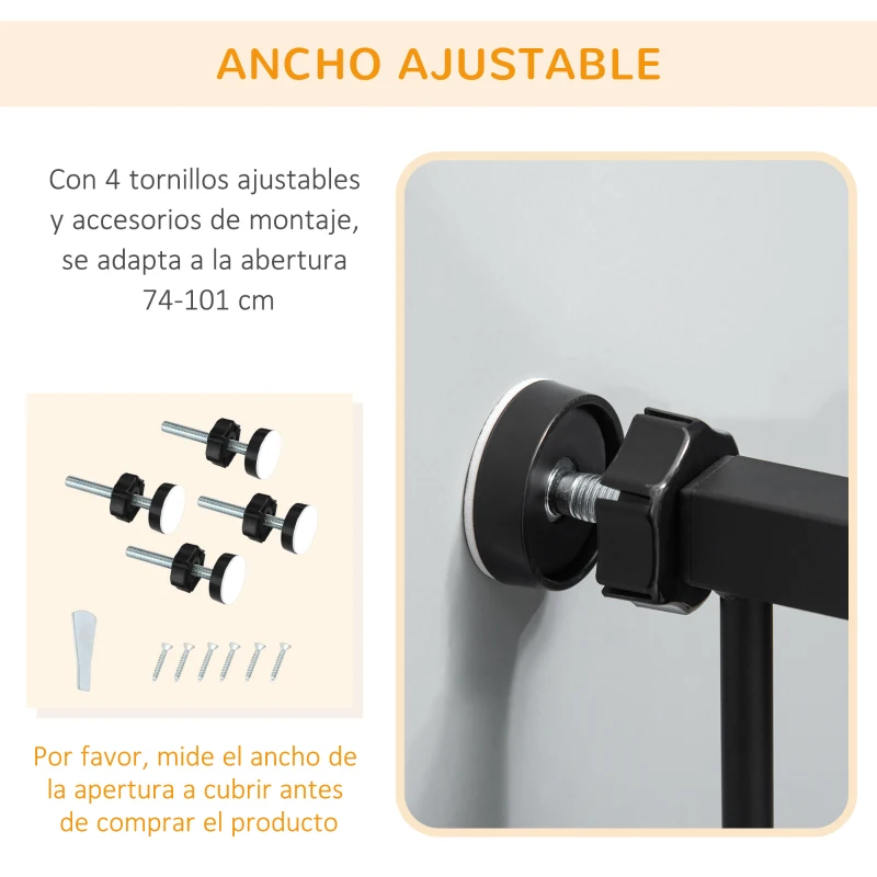 PawHut Barrera de Seguridad Extensible con Puerta Pequeña Cierre Automático y Sistema de Doble Bloqueo 74-101x104,1 cm Negro