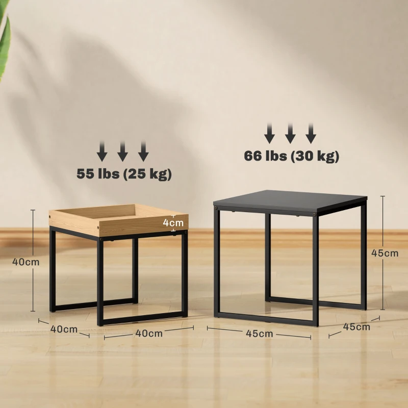 HOMCOM Moderner Couchtisch, 2er-Set Sofatisch, für kleine Räume, Quadratisch, MDF, Metall, Schwarz