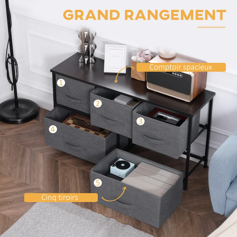 HOMCOM Commode meuble de rangement 100 x 30 x 54 cm 5 tiroirs non-tissés gris foncé structure acier noir aspect bois