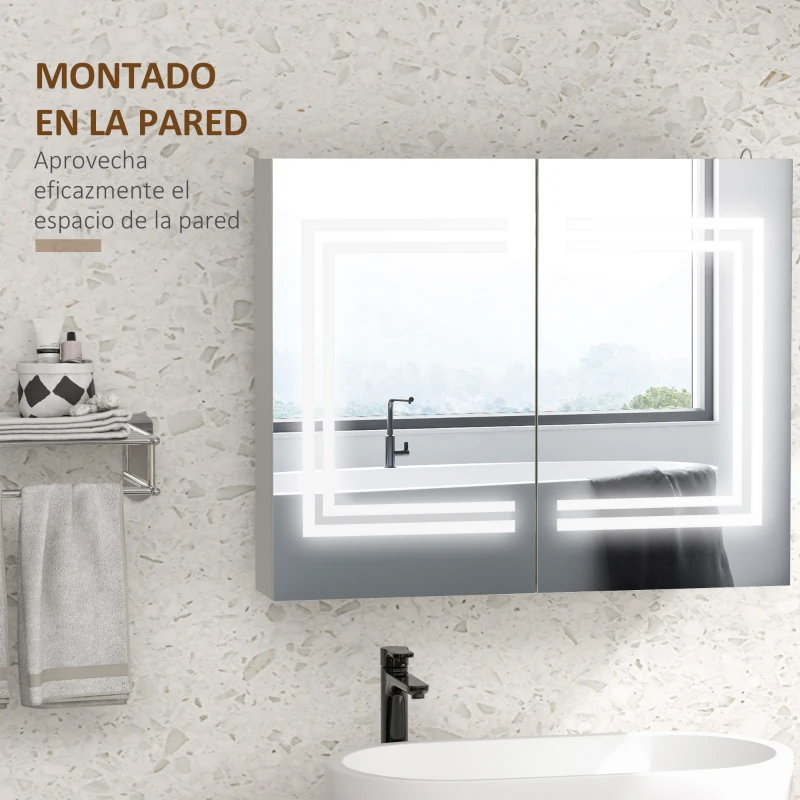 kleankin Mueble de Baño con Espejo Estantes Ajustables Interruptor Táctil y Color de Luz Ajustable 80x15x65 cm Blanco Brillante