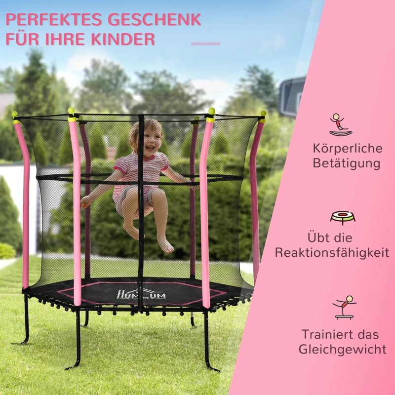 HOMCOM Kindertrampolin, mit Sicherheitsnetz, Randabdeckung, Stahlrahmen, bis 50 kg, 3-10 Jahre, rosa, Ø160 x 163 cm