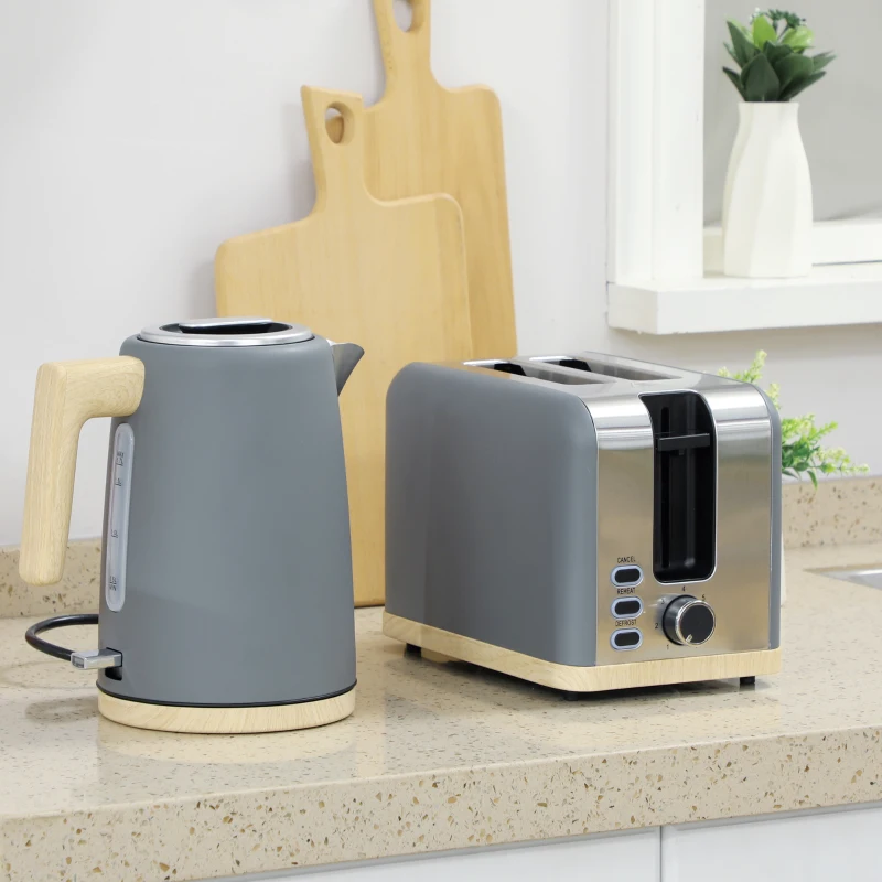 HOMCOM Stainless Steel Kettle and Toaster Set, 1.7L 3000W Fast Boil Kettle & 2 Slice Toaster Kitchen Set with 7 Level Browning Controls, Defrost, Reheat, Auto Off, Boil-dry Protection, Grey