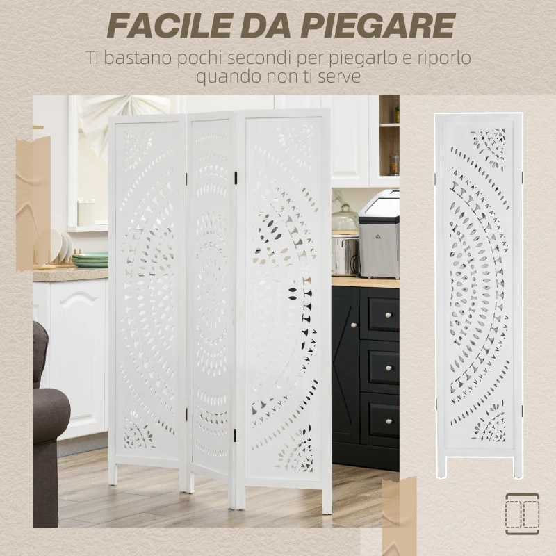 HOMCOM Separé Paravento da Interni Pieghevole a 3 Pannelli in Legno Intagliato, 120x170cm, Bianco