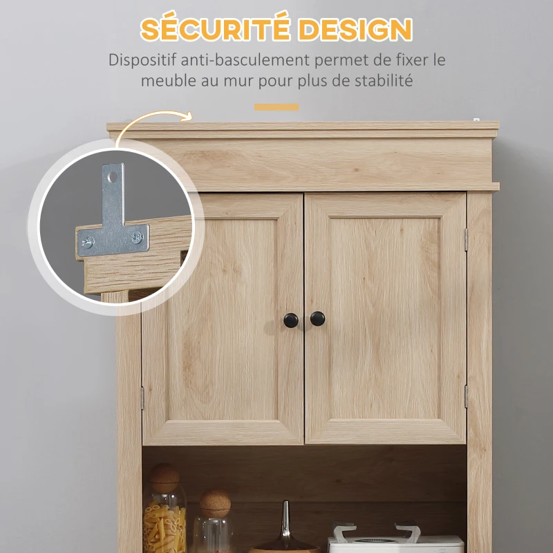 HOMCOM Armoire de cuisine buffet cuisine vaisselier meuble de rangement style moderne avec placards, étagères réglables, tiroir, et niche, pour salle à manger, salon, 74 x 39,5 x 183 cm, chêne clair