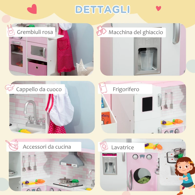 HOMCOM Cucina Giocattolo per Bambini 3-6 Anni con Luci e Utensili da Cucina Realistici, in MDF e PP, 84x93.5x85 cm