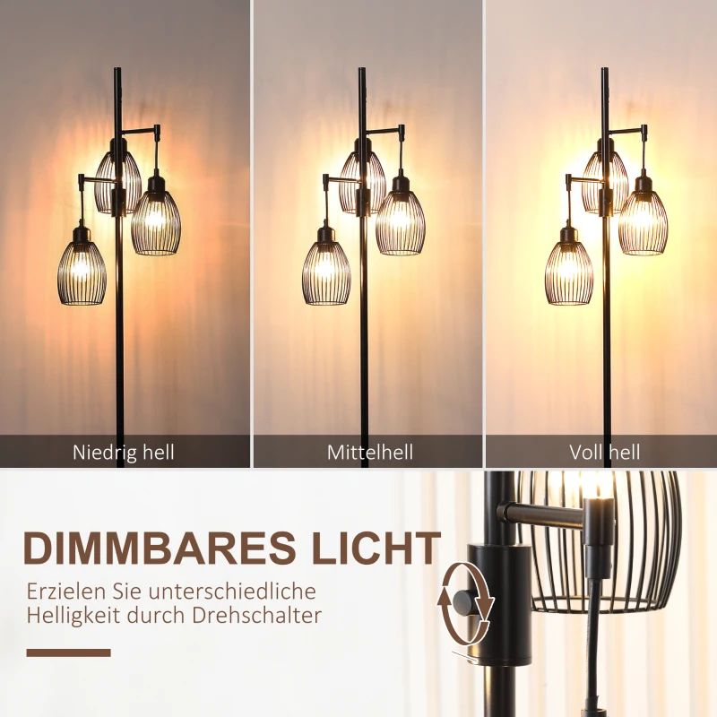 HOMCOM Stehleuchte im Industrie-Design mit 3 Lampenschirmen 30 cm x 30 cm x 170,5 cm Stahl