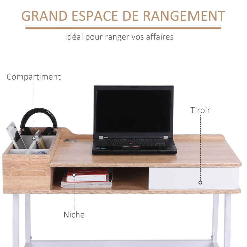 HOMCOM Bureau Informatique Multi-Rangement 100L x 55l x 82H cm MDF et métal