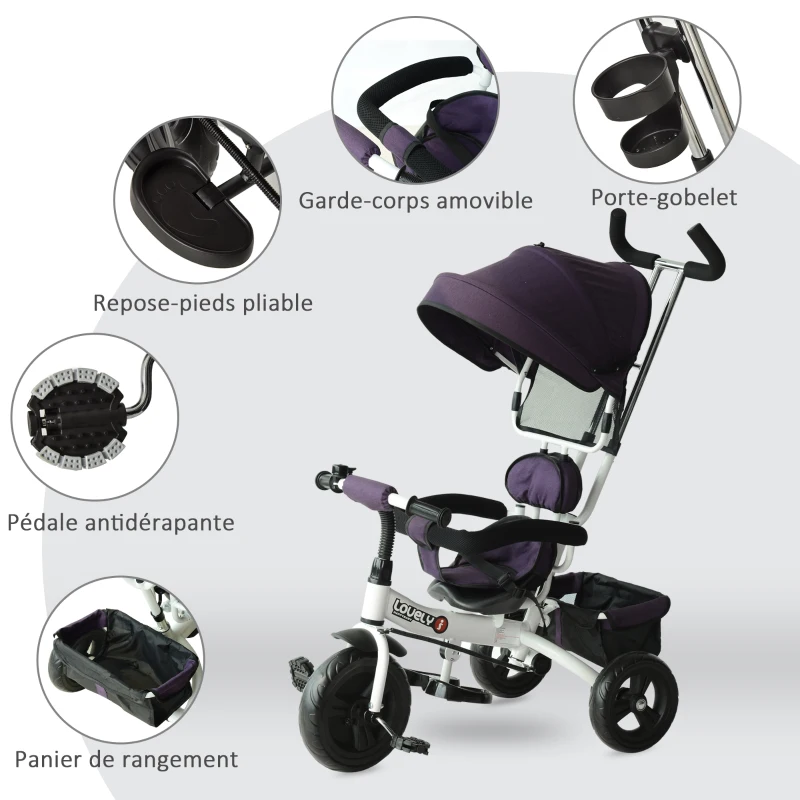 HOMCOM Tricycle Enfant évolutif Pare-Soleil Pliable Canne télescopique Amovible 92 x 51 x 110 cm Acier Violet Blanc