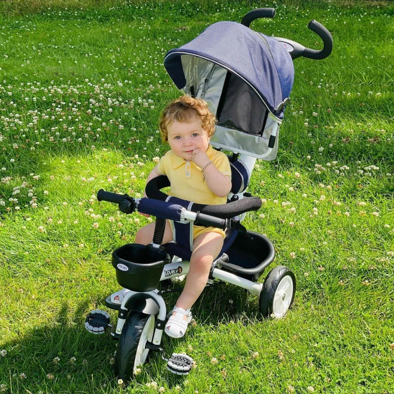 HOMCOM Triciclo para Bebés Plegable Triciclo Evolutivo 2 en 1 para Niños +18 Meses con Toldo Plegable Mango de Empuje Telescópico Reposapiés Cinturón de Seguridad y Cestas Azul