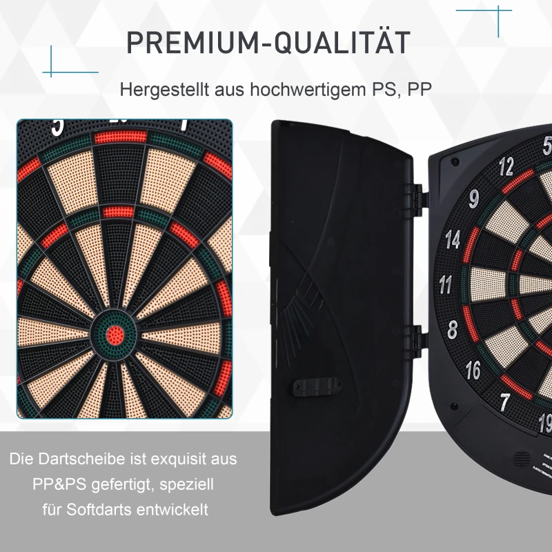 HOMCOM Elektronische Dartscheibe Dartboard mit Sprachansagen Englische Stimme LED-Anzeigen 6 Darts 26 Spiele 185 Varianten Dartautomat mit Tür Dartscheibe Set für bis zu 8 Spieler