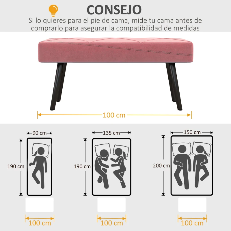 HOMCOM Taburete Pie de Cama Multifuncional con Pies de Acero y Asiento Acolchado para Entrada Pasillo 100x36x45 cm Rosa