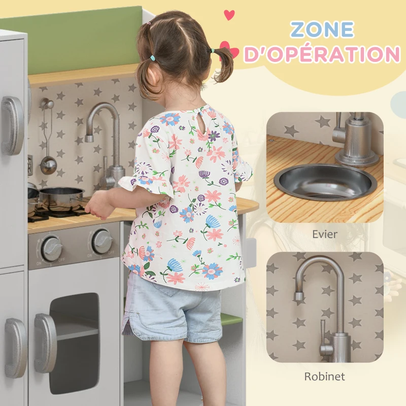 AIYAPLAY Cuisine enfant 3-8 ans jeu d'imitation avec machine à glaçons, évier mobile en acier inoxydable 84 x 34 x 89 cm blanc