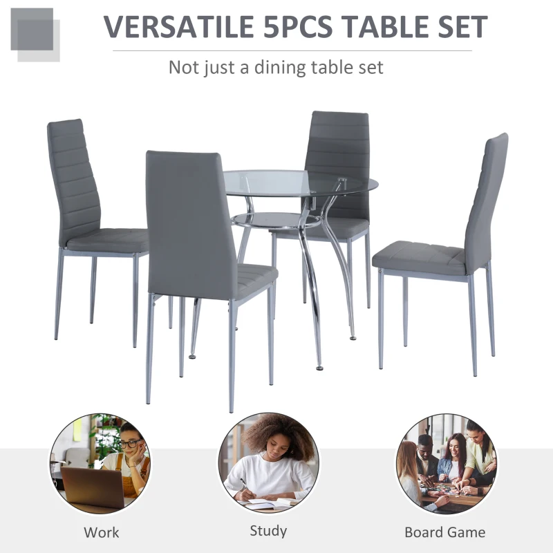 HOMCOM Five-Piece Dining Set, with Padded Chairs and Glass-Top Table - Grey