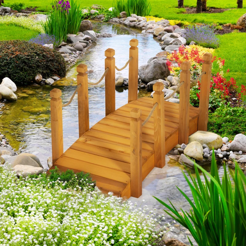 Outsunny Pont de Jardin - Pont de Bassin - passerelle en Bois avec Balustrade - Décoration du Jardin - dim. 121L x 57,5l x 59H cm - Bois de Sapin pré-huilé