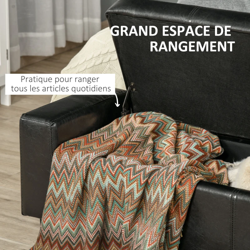 HOMCOM Banc de rangement, coffre de rangement avec couvercle, bout de lit en polyuréthane côtelé pour salon, chambre, entrée, 106 x 40 x 40 cm, noir