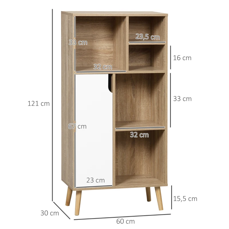 HOMCOM Mueble Aparador Alto Armario Auxiliar de Salón con 5 Compartimentos y 1 Puerta Multiusos para Comedor Cocina Dormitorio 60x30x121 cm Roble y Blanco