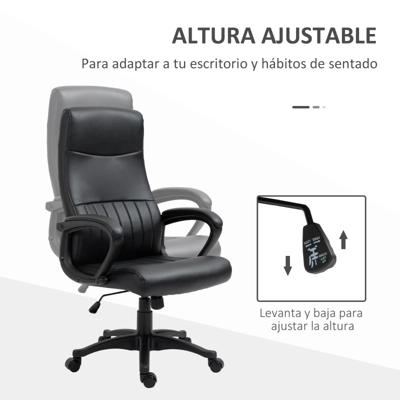 Vinsetto Silla de Oficina Ergonómica Silla de Escritorio Basculante y Giratoria 360° con Altura Ajustable Respaldo Alto y Reposabrazos Piel Sintética 61,5x66x113-123 cm Negro