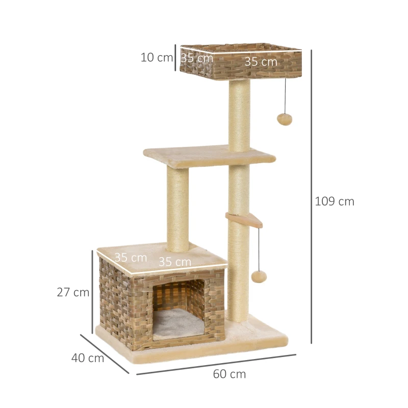PawHut Arbre à chats style cosy chic griffoirs sisal naturel niche 3 plateformes 2 jeux boules peluche courte résine tressée imitation rotin beige