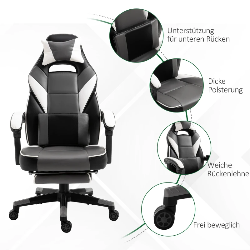 Vinsetto Ergonomischer Bürostuhl, Gaming Stuhl, Drehstuhl mit Lendenkissen und Fußstütze, Kunstleder, Grau, Weiß, Schwarz, 68 x 70 x 120-127 cm