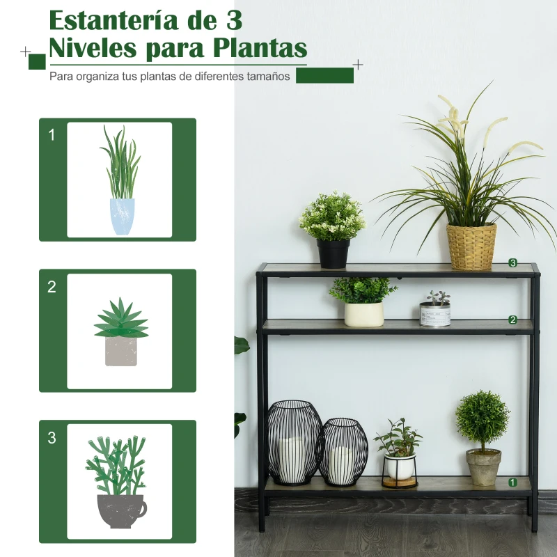 Outsunny Estantería para Plantas Flores Macetas Bastidores de 3 Niveles con Placa Antivuelco para Interiores y Exteriores 80x20x75 cm Madera