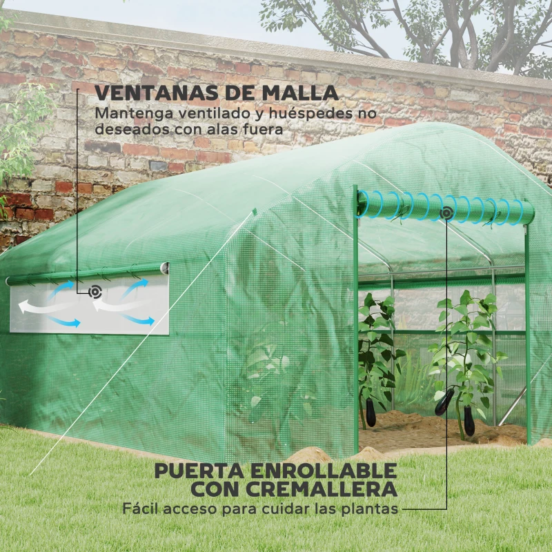 Outsunny Invernadero de Túnel 4x3x2 m con 2 Ventanas Cubierta de PE Anti-UV y 1 Puerta Enrollable con Cremallera Verde(m-5)