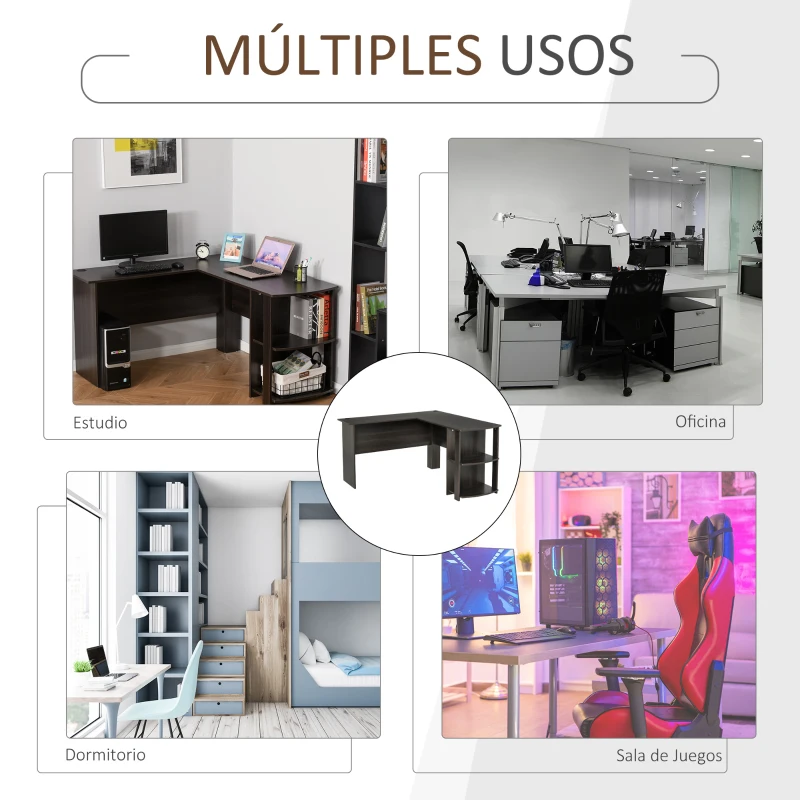 HOMCOM Mesa de Ordenador PC Escritorio para Oficina Hogar Tipo Esquinera Forma L con Estantes 136x130x72cm Madera