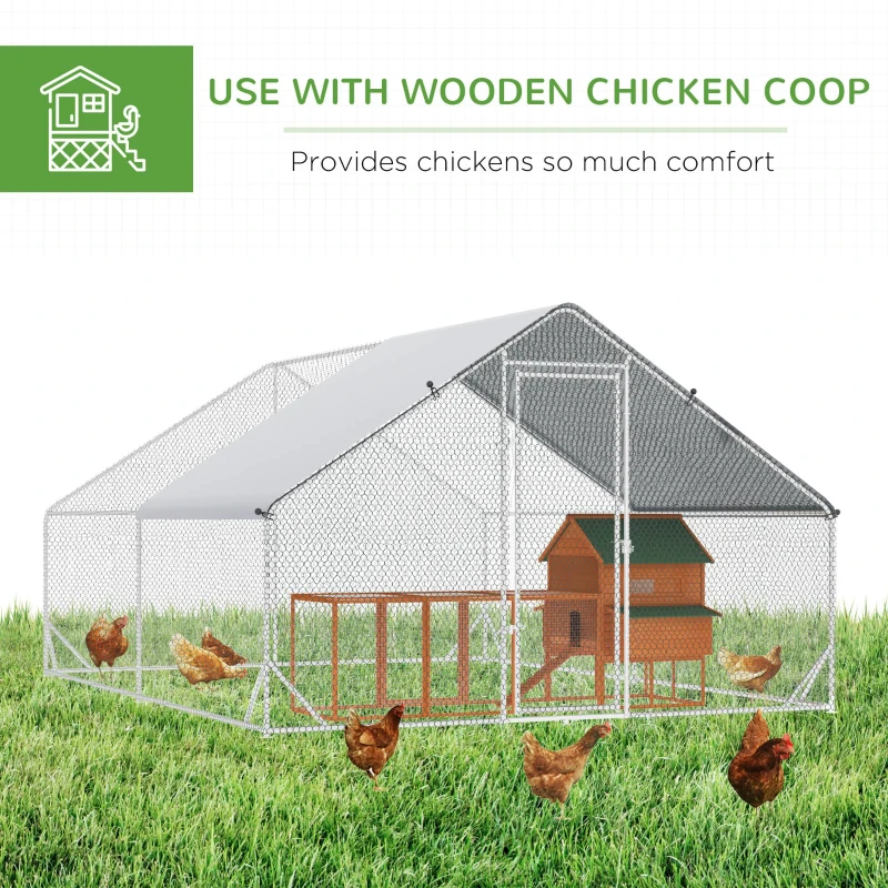 PawHut Chicken Walk-in Run, Galvanised Chicken Coop, Hen Poultry House Cage, Rabbit Hutch Pet Playpen Garden w/ Water-Resist Cover, 3 x 4 x 2m