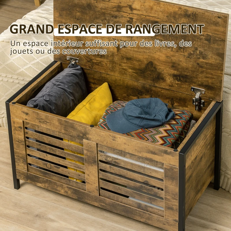 HOMCOM Banc coffre de rangement style industriel dim. 80L x 40P x 49H cm marron rustique et noir