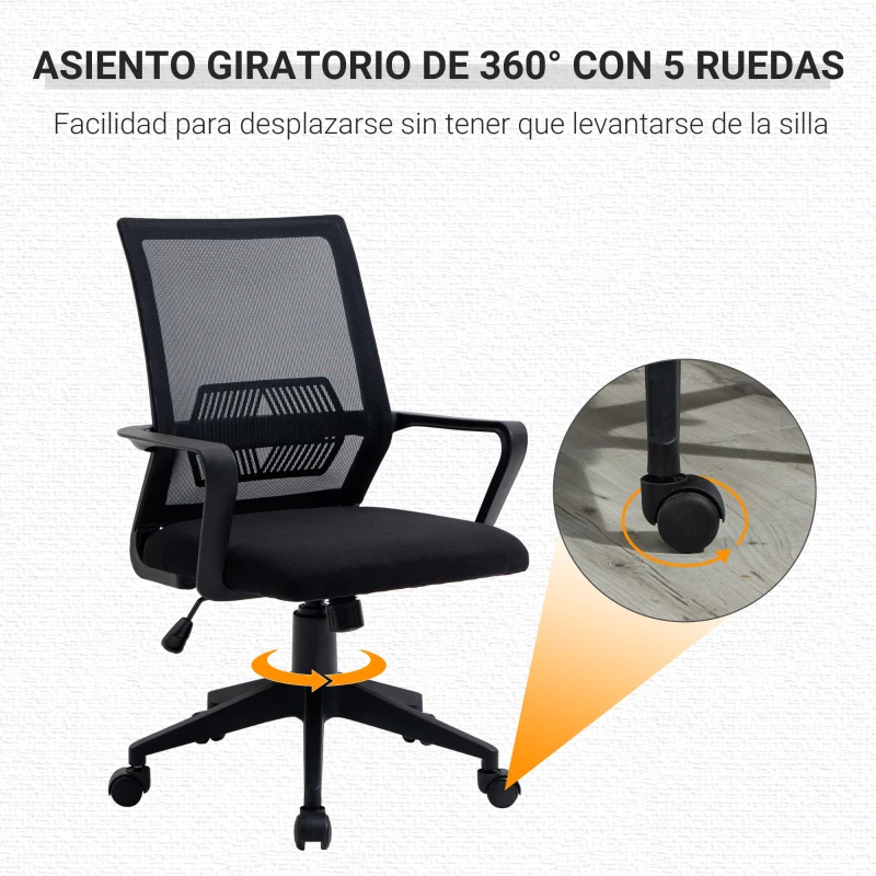 Vinsetto Silla de Oficina Ergonómica Silla de Escritorio Giratoria para Adolescentes Ajustable en Altura con Reposabrazos y Soporte Lumbar Tejido Transpirable 61x58,5x89-99 cm Negro