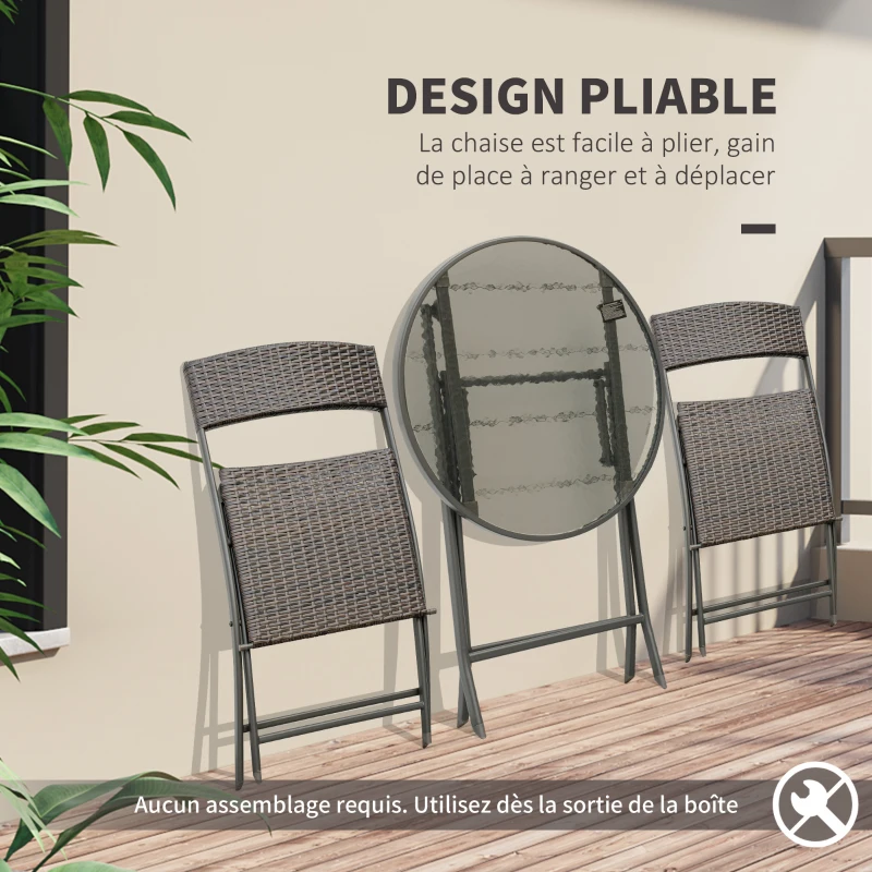 Outsunny Ensemble salon de jardin 2 places table ronde pliable plateau verre trempé chaises pliantes résine tressée chocolat