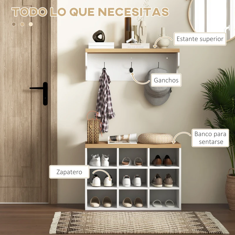 HOMCOM Recibidor con Perchero y Banco Zapatero Muebles de Entrada con 3 Ganchos y Estantes para 9 Pares de Zapatos Blanco