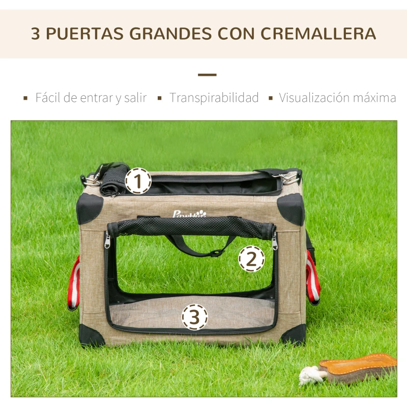PawHut Transportín Mochila para Gatos Perros Pequeños Bolsa de Transporte para Mascotas Plegable 48,5x33,5x33 cm Caqui
