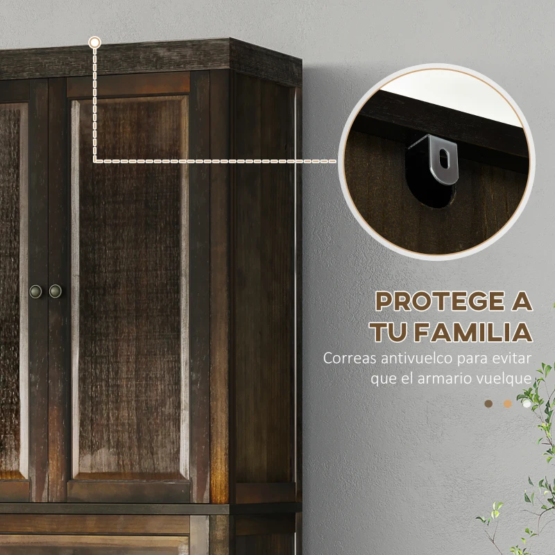 HOMCOM Alacena de Cocina Mueble Auxiliar con 4 Puertas Magnéticas Cajón y Estantes Ajustables 76x40,5x184 cm Café Oscuro