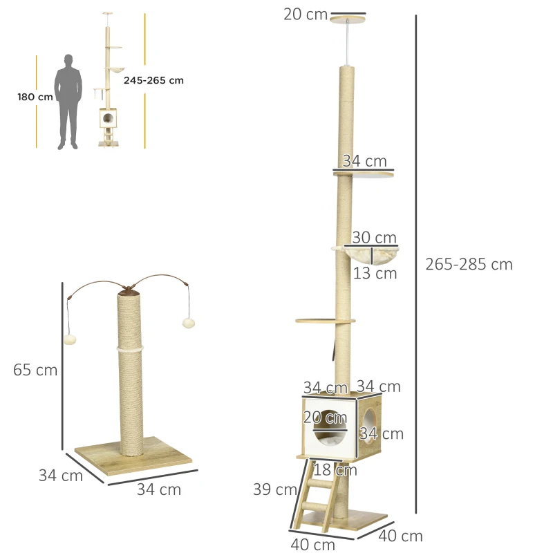 PawHut Arbre à chat sol au plafond hauteur réglable 225-285 cm avec poteau à gratter 4 niveaux niche hamac échelle jeux beige