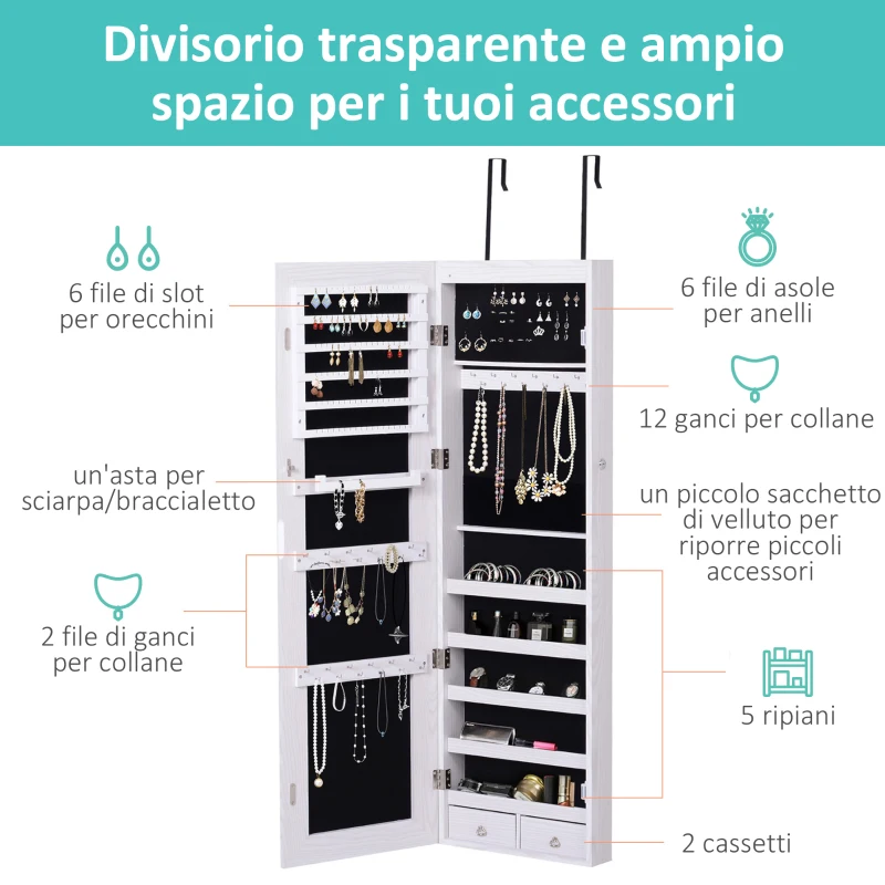 HOMCOM Specchiera Portagioielli con 6 Luci LED e Spazi Portaoggetti in Legno e Vetro, 37x120x10 cm, color Legno Bianco